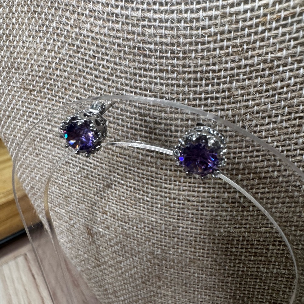 Sparkling Sterling Silver and Purple Stud Crown Earrings